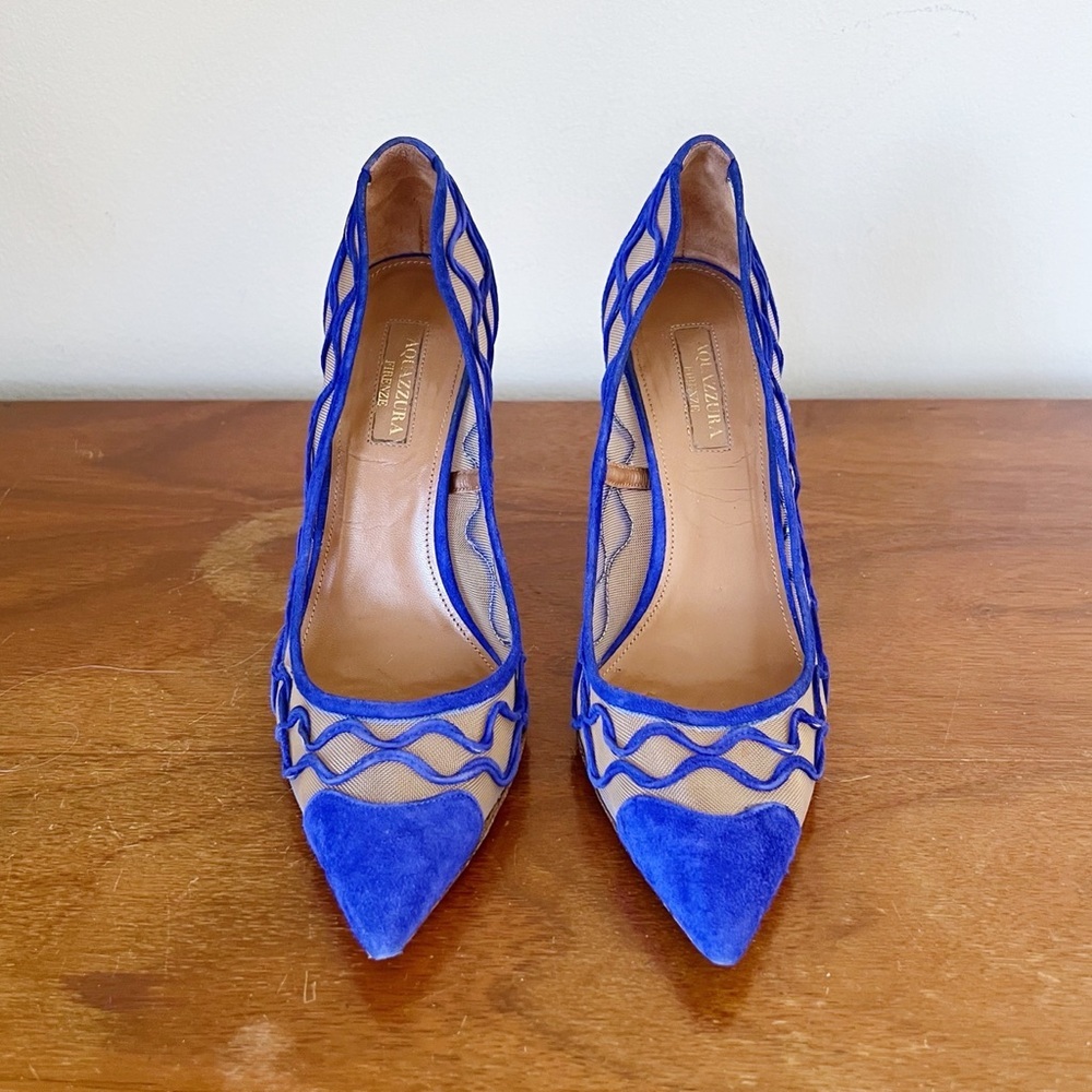 Aquazzura Blue Mesh and Suede Pointed-Toe Stiletto Pumps - Picture 2 of 10